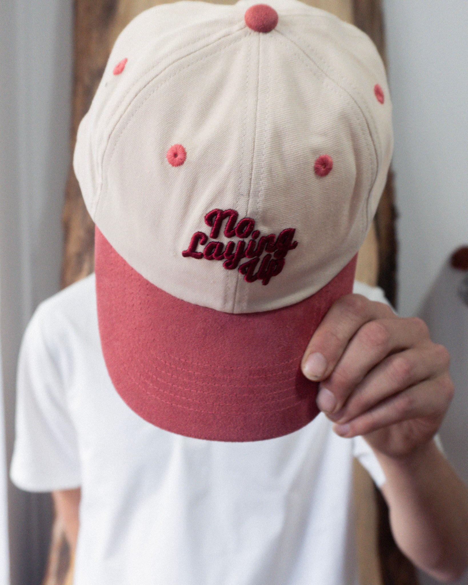 NO LAYING UP BASEBALL CAP  - CREAM + PINK image 1